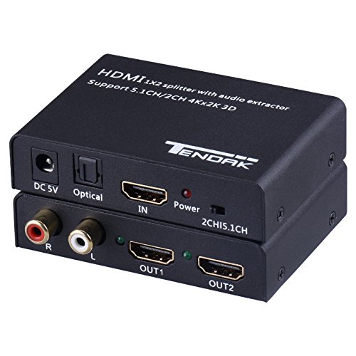 Tendak 1X2 4K HDMI Splitter with HDMI Audio Extractor + Optical and R/L Audio Output Powered Splitter 1 in 2 Out Signal Distributor Support 3D for PS4 Xbox One DVD Blu-ray Player HD TV Projector