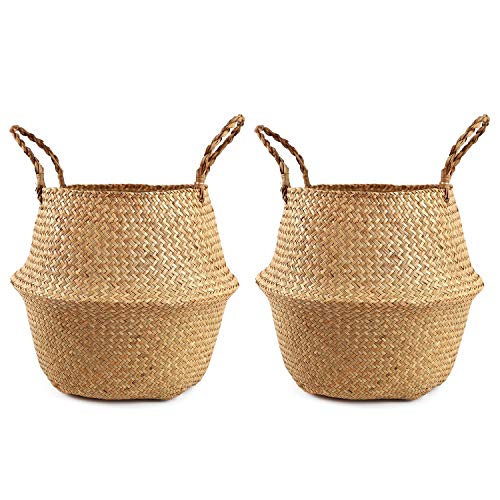 BlueMake Woven Seagrass Plant Basket Set of 2 Tote Bag with Handles for Storage, Laundry, Picnic,and Plant Pot Cover (Large, Original)