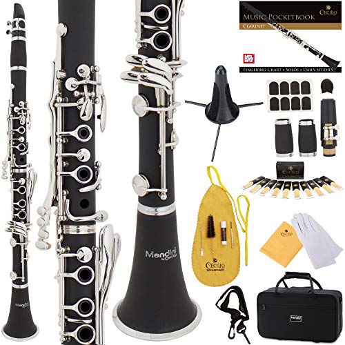 Mendini by Cecilio B Flat Beginner Student Clarinet with 2 Barrels, Case, Stand, Pocketbook, Mouthpiece, 10 Reeds, Mouthpiece Brush, Mouthpiece Cushion, Thumb Rest Cushion, and 1-Year Warranty