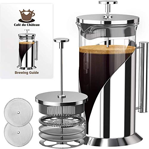 French Press Coffee Maker - 4 Level Filtration System - 304 Grade Stainless Steel - Heat Resistant Borosilicate Glass by Cafe du Chateau (34 Ounce)