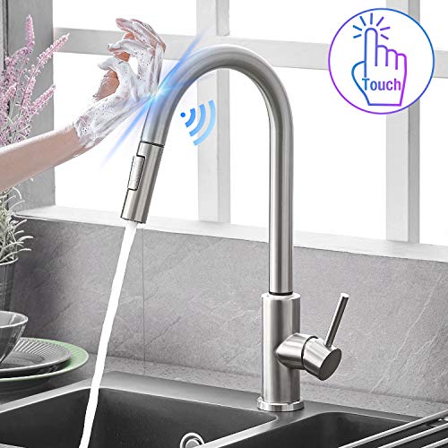 Qomolangma Touch Sensor Kitchen Faucets with Pull Down Sprayer, Touch On Single Handle Kitchen Sink Faucet with Pull Out Sprayer, Stainless Steel, Fingerprint Resistant,Brush Nickel