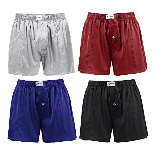 LilySilk 4PACK Silk Boxers Mens Breathable Real Mulberry Underwear 6A Grade Royal Shorts Combo Pack, Silk Sleep Lounge Bottoms Black+Blue+Red+Grey M