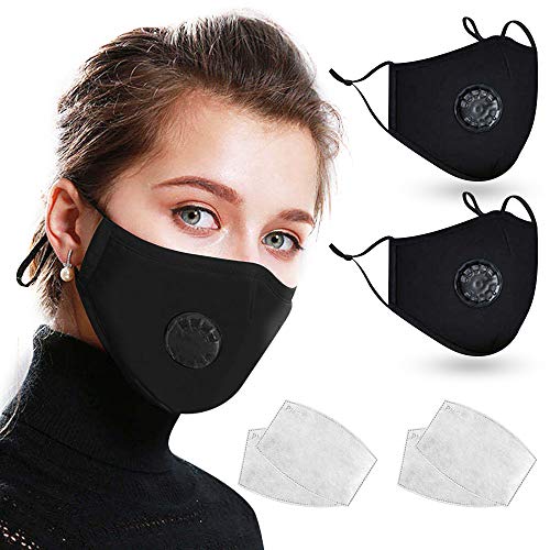 2 Pack Reusable Cotton Cover with Breathing Valve, Feeke Washable Cotton Cloth Adjustable Ear Loops with 4 Pcs Filters for Men and Women - Black