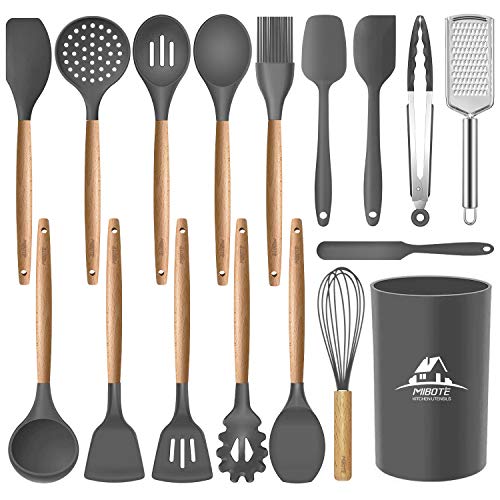 MIBOTE 17 Pcs Silicone Kitchen Utensils Set with Holder, Wooden Handles BPA Free Non Toxic Silicone Turner Tongs Spatula Spoon Kitchen Gadgets Utensil Set for Nonstick Cookware (Grey)