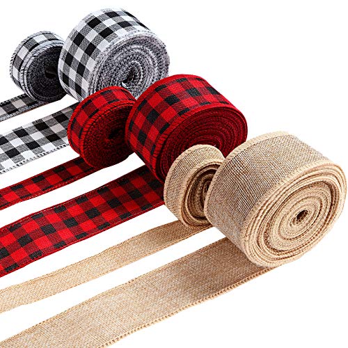 6 Rolls 45 Yards Christmas Wired Edge Ribbons Black Red Plaid Ribbon Black and White Buffalo Plaid Ribbon Natural Fabric Ribbon for DIY Wrapping, Fall Crafts Decoration, 2 Inch, 1 Inch