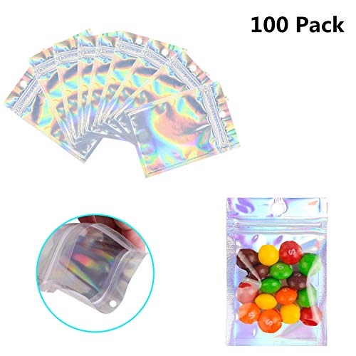 100 Pack Resealable Mylar Bags Smell Proof Pouch Aluminum Foil Packaging Plastic Ziplock Bag,Small Mylar Storage Bags For Candy,Jewelry,Screw,Holographic Rainbow Color (2.8 x 3.9 inch)