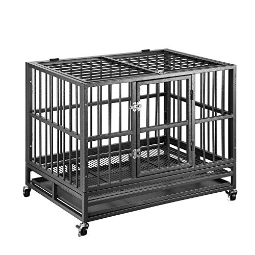 PUPZO Heavy Duty Dog Cage Crate Kennel Carbon Steel with Four Wheels for Large Dogs Easy to Install (42 INCH)