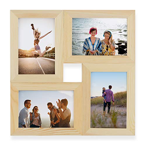Wallniture Kadra Picture Frames Collage, Wood Wall Decor Table Top Display or Wall Mount 4 Opening Photos 4x6 Frame Natural Finish
