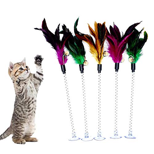 MAIYU Cat Teaser Wand (5 Pack), Metal Wire Spring Cat Toy with Feather and Bell Sucker Cat Teaser Rod Interactive Cat Tease Toys