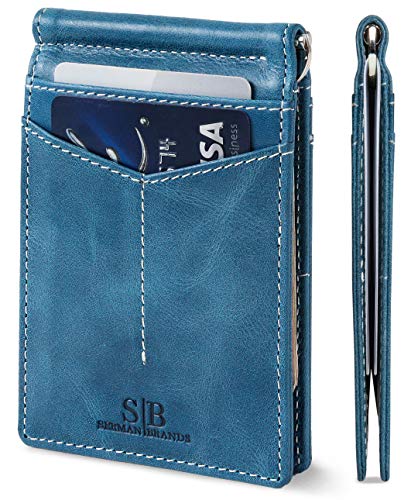 SERMAN BRANDS RFID Blocking Wallet Slim Bifold - Genuine Leather Minimalist Front Pocket Wallets for Men with Money Clip (Arctic Blue Rogue)