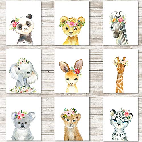9 Pieces Watercolor Jungle Animals Wall Art Prints Unframed Watercolor Animals Prints Posters Nursery Wall Decor Kids Bedroom Decorations Animal Themed Birthday Party Supplies