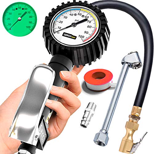 Tire Inflator with Pressure Gauge and Longer Hose - Most Accurate, Heavy Duty Air Chuck with Gauge for Air Compressor Tire Inflator Attachment - 100PSI