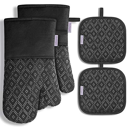 Hostaque Oven Mitts and Pot Holders 4pcs Set, Kitchen Oven Glove High Heat Resistant Extra Long Oven Mitts and Potholder with Non-Slip Silicone Surface for Cooking, Baking (Black)