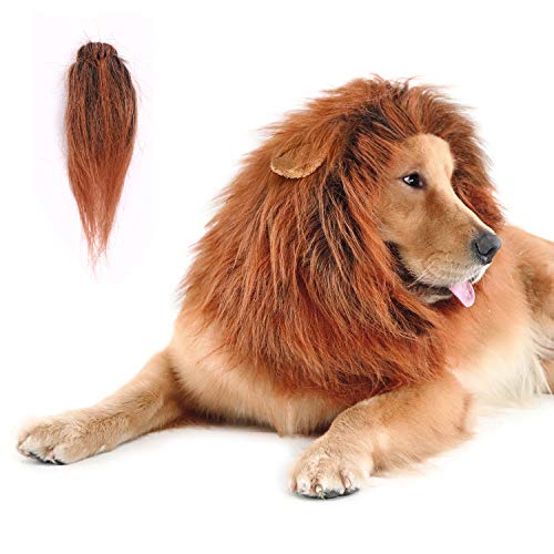 CPPSLEE Lion Mane for Dog Halloween Costumes - Realistic Lion Wig for Medium to Large Sized Dogs - Dog Costumes With Tail (Dark Brown)