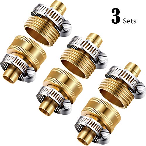 3 Sets 1/2 Inch Brass Garden Hose Repair Kit Mender End Water Hose End Mender Female and Male Hose Connector with 6 Pieces Stainless Steel Clamp