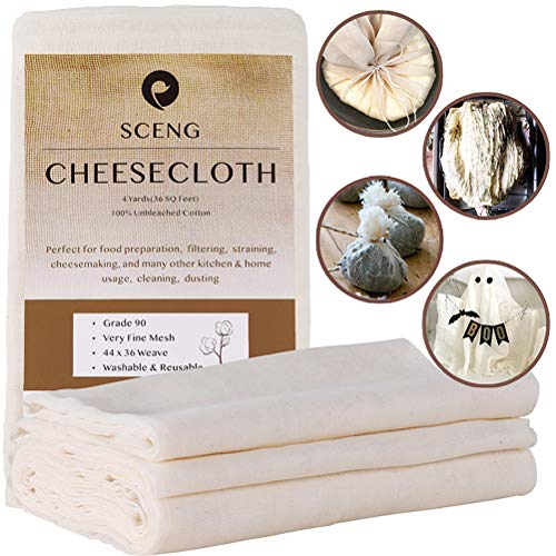 Cheesecloth, Grade 90, 36 Sq Feet, Reusable, 100% Unbleached Cotton Fabric, Ultra Fine Cheesecloth for Cooking - Nut Milk Bag, Strainer, Filter (Grade 90-4Yards)