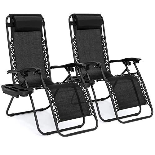 Best Choice Products Set of 2 Adjustable Steel Mesh Zero Gravity Lounge Chair Recliners w/Pillows and Cup Holder Trays, Black