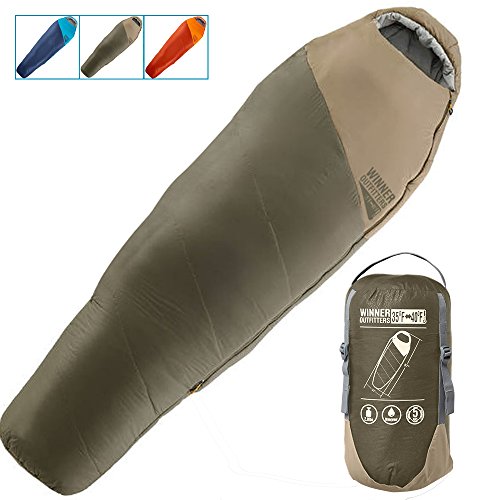 WINNER OUTFITTERS Mummy Sleeping Bag with Compression Sack, It's Portable and Lightweight for 3-4 Season Camping, Hiking, Traveling, Backpacking and Outdoor (Olive Green/Khaki(35F), 32' W x 87' L)