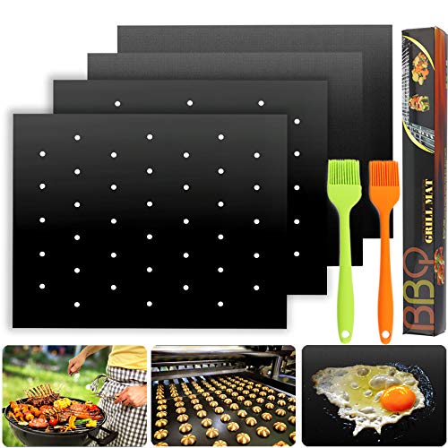 Hsonline 2020 Upgraded Non Stick BBQ Grill Mat with Holes + Solid Grill Pads Kit, Heavy Duty Reusable Fireproof Topper Pad with 2 Brush, Dishwasher Safe Gas Charcoal Electric Grill Accessories