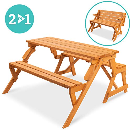 Best Choice Products 2-in-1 Transforming Interchangeable Outdoor Wooden Picnic Table/Garden Bench for Backyard, Porch, Patio, Deck w/Umbrella Hole - Natural