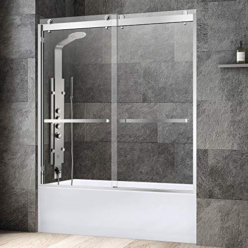 WOODBRIDGE SDD6062-C Frameless Bathtub Shower Doors 56-60' Width x 62' Height with 3/8'(10mm) Clear Tempered Glass, 2 Ways Opening & Double Sliding in Polished Chrome Finish