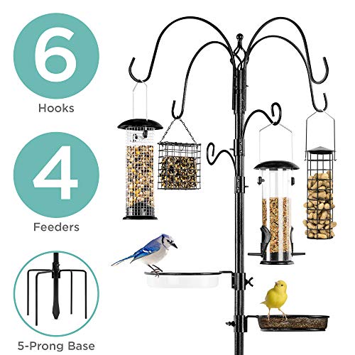 Best Choice Products 6-Hook Bird Feeding Station, Steel Multi-Feeder Kit Stand for Attracting Wild Birds w/ 4 Bird Feeders, Mesh Tray, Bird Bath, 5-Prong Base - Black