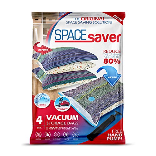 Spacesaver Premium Vacuum Storage Bags. 80% More Storage! Hand-Pump for Travel! Double-Zip Seal and Triple Seal Turbo-Valve for Max Space Saving! (Mix 4 Pack (2 x Large, 2 x Jumbo))