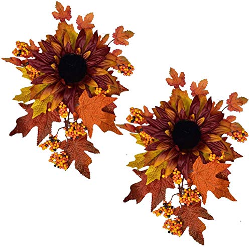 LSKYTOP 2 Pack Autumn Decorative Swag with Sunflowers,Maple Leaves and Berries, Wreaths and Floral Decorations Front Door Wall Decor Holiday Ornaments