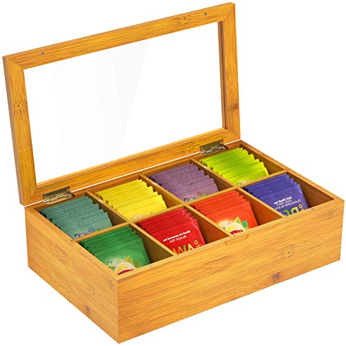 Bamboo Tea Bag Organizer Storage Box Wood Tea Chest with 8 Adjustable Divided Compartments Clear Display Lid Holds Standing or Flat Tea Bags, Coffee, Sugar for Home, Kitchen, Restaurant by Pipishell