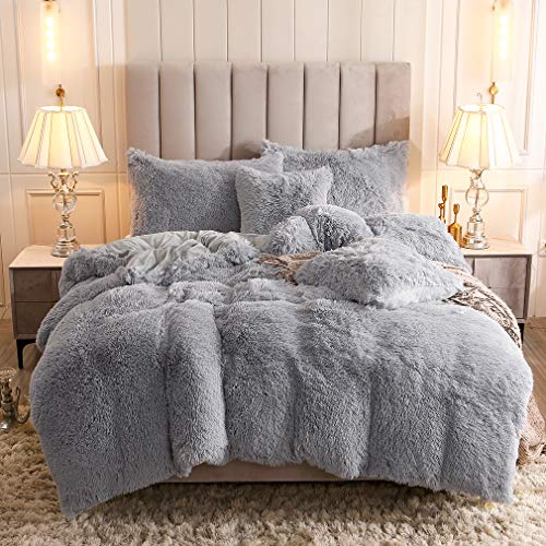 Uhamho Faux Fur Velvet Fluffy Bedding Duvet Cover Set Down Comforter Quilt Cover with Pillow Shams, Ultra Soft Warm and Durable (Queen, Light Gray)