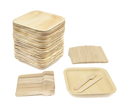 Party Pack of 150 Eco-Friendly Dinnerware - 50 Disposable 8' Square Palm Leaf Plates, 50 Wood Forks, 50 Wood Knives