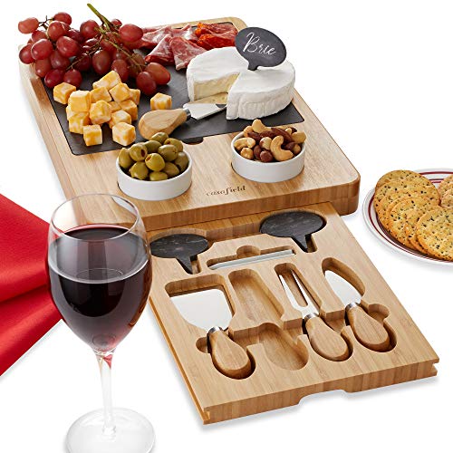 Casafield Organic Bamboo Cheese Board Gift Set - Wooden Charcuterie Platter Serving Tray for Meat, Fruit and Crackers - Slate Board, 2 Ceramic Bowls, 4 Stainless Steel Knives, Slate Labels and Chalk
