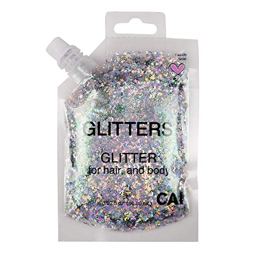 CAI BEAUTY NYC Silver Glitter | Easy to Apply, Easy to Remove Chunky Glitter for Body, Face and Hair | Bag Pouch | Holographic Cosmetic Grade Glamour