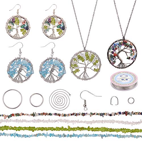 SUNNYCLUE DIY Tree of Life Jewelry Making Kit with Iron Linking Rings, Mixed Stone Beads, Stainless Steel Rope Chain Necklaces, Brass Earring Hooks for Handmade Earrings Necklace Making Supplies