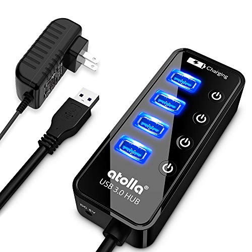 Powered USB Hub, atolla 4-Port USB 3.0 Hub with 4 USB 3.0 Data Ports and 1 USB Smart Charging Port, USB Splitter with Individual On/Off Switches and 5V/3A Power Adapter