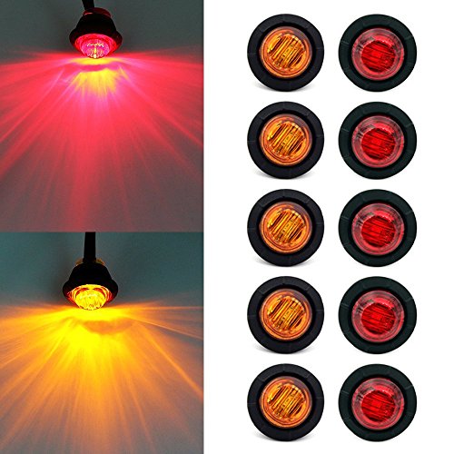 ' Purishion 10x 3/4'' Round LED Clearence Light Front Rear Side Marker Indicators Light for Truck Car Bus Trailer Van Caravan Boat, Taillight Brake Stop Lamp (12V, Red+Amber)