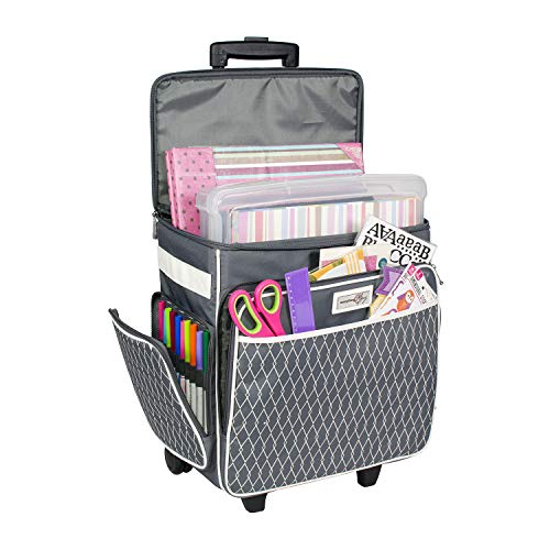 Everything Mary Collapsible Rolling Scrapbook Storage Tote - Scrapbooking Storage Case for Rings, Paper, Binder, Crafts, Beads, Paper, Scissors - Telescoping Handle with Dual Wheels - Craft Case