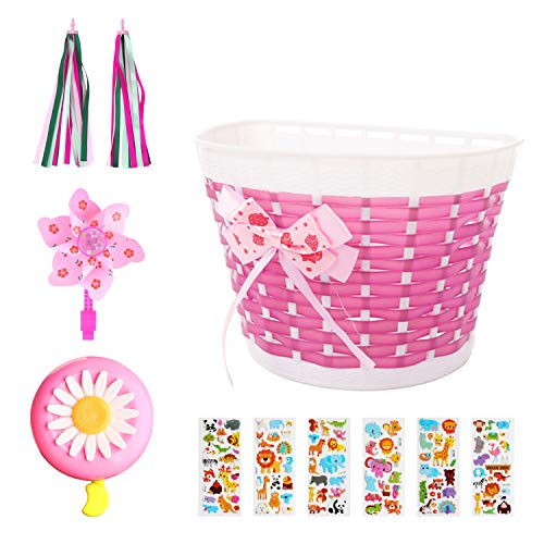 BAPHILE Bike Accessories for Kids Girls Bike Bicycle Decorations Including Pink Bike Basket,Flower Bell,Bike Streamers Pinwheel and Animal Stickers
