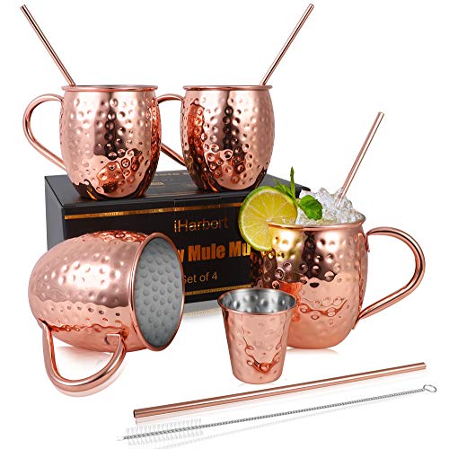 Beer Glasses Moscow Mule Mugs, Set of 4, 16 oz, HandCrafted Food Safe Pure Solid Beer Mugs Wine Tumbler Cups Glasses, Gift Set With Cocktail Copper Straws, Shot Glass, Straw Brush, Rose Gold