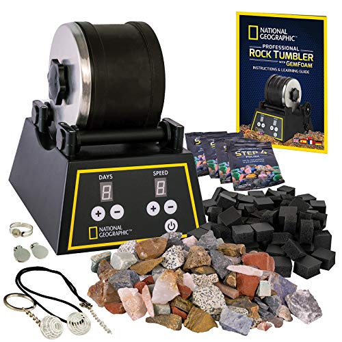 NATIONAL GEOGRAPHIC Professional Rock Tumbler Kit- Rock Polisher for Kids and Adults, Complete Rock Tumbler Kit with Durable Tumbler, Rocks, Grit, and Our New GemFoam Polisher, A Great STEM Hobby