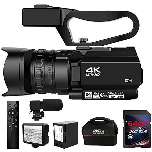 Camcorder 4K Ultra HD 48MP Video Camera for YouTube 30X Digital Zoom IR Night Vision Camcorder with Portable Handheld Stabilizer, 360° Wireless Remote Control and 64G SD Card