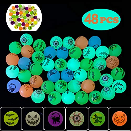 QINGQIU 48 PCS Halloween Glow in The Dark Bouncy Balls 1.25' Bouncing Balls Halloween Toys for Kids Girls Boys Halloween Party Favors Supplies Treat Bags Gifts Fillers Classroom Prizes School Game
