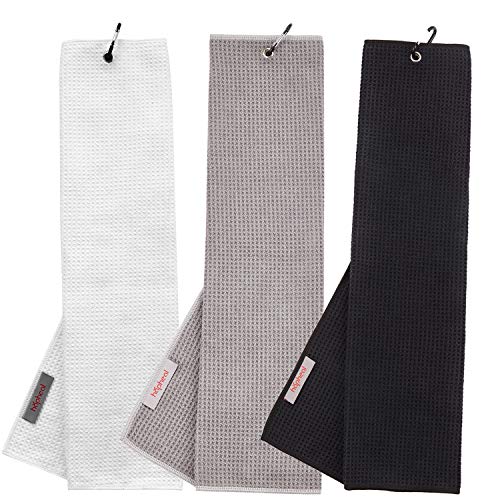 haphealgolf Golf Towel 16' x 21' Tri-fold Microfiber Waffle with Carabiner Clip (3 Black+Gray+White)
