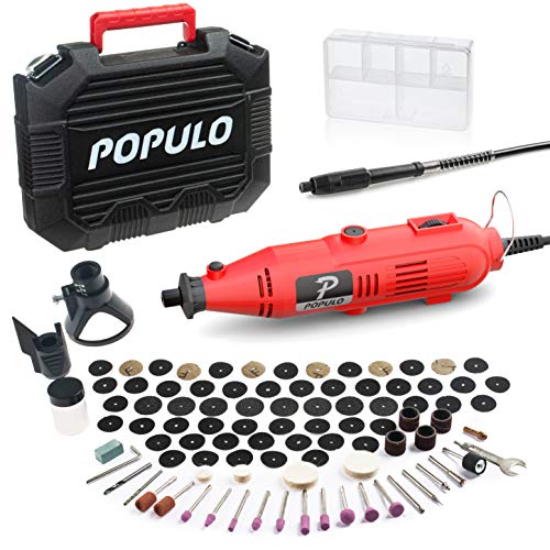 Populo High Performance Rotary Tool Kit with 107 Accessories, 3 Attachments, Variable Speed, Flex Shaft and Universal Collet for Abrasive, Polish, Cutting, Engraving, Drilling and Crafting DIY Project