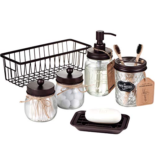 Premium Mason Jar Bathroom Accessories Set (6PCS) - Lotion Soap Dispenser,Toothbrush Holder,2 Apothecary Jars(Qtip Holder), Soap Dish,Storage Organizer Basket - Rustic Farmhouse Decor (Bronze)