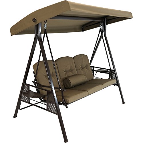 Sunnydaze 3-Person Outdoor Patio Swing Bench with Adjustable Tilt Canopy, Durable Steel Metal Frame, Cushions and Pillow Included, Beige