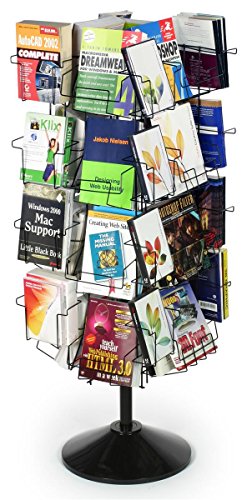 Wire Display Rack for Books, Floor-Standing Fixture with Adjustable Height - 43 to 54.25 Inch, Thirty-Two Pockets in Three Different Sizes - Black Welded Wire with Plastic Base