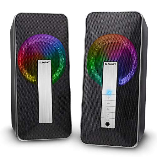 Computer Speakers, ELEGIANT 10W Wired and Bluetooth 5.0 Speaker with Enhanced Stereo Bass Colorful LED Light, Dual-Channel Multimedia Speakers for PC Desktop Laptop Tablet Smartphones MP4 MP3