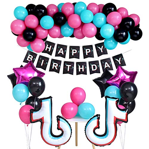 Heboland Musical Balloons Birthday Decorations Music 64Pcs Hot Pink Black Tiffany and Happy Birthday Banner Party Supplies for Girls Ladies Bachelorette
