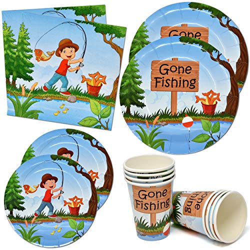 Little Fisherman Gone Fishing Party Supplies Tableware Set 24 9' Paper Dinner Plates 24 7' Dessert Plate 24 9 Oz Cups 50 Lunch Napkin for Kids Camping Fish Tournament Themed Baby Shower Birthday Decor